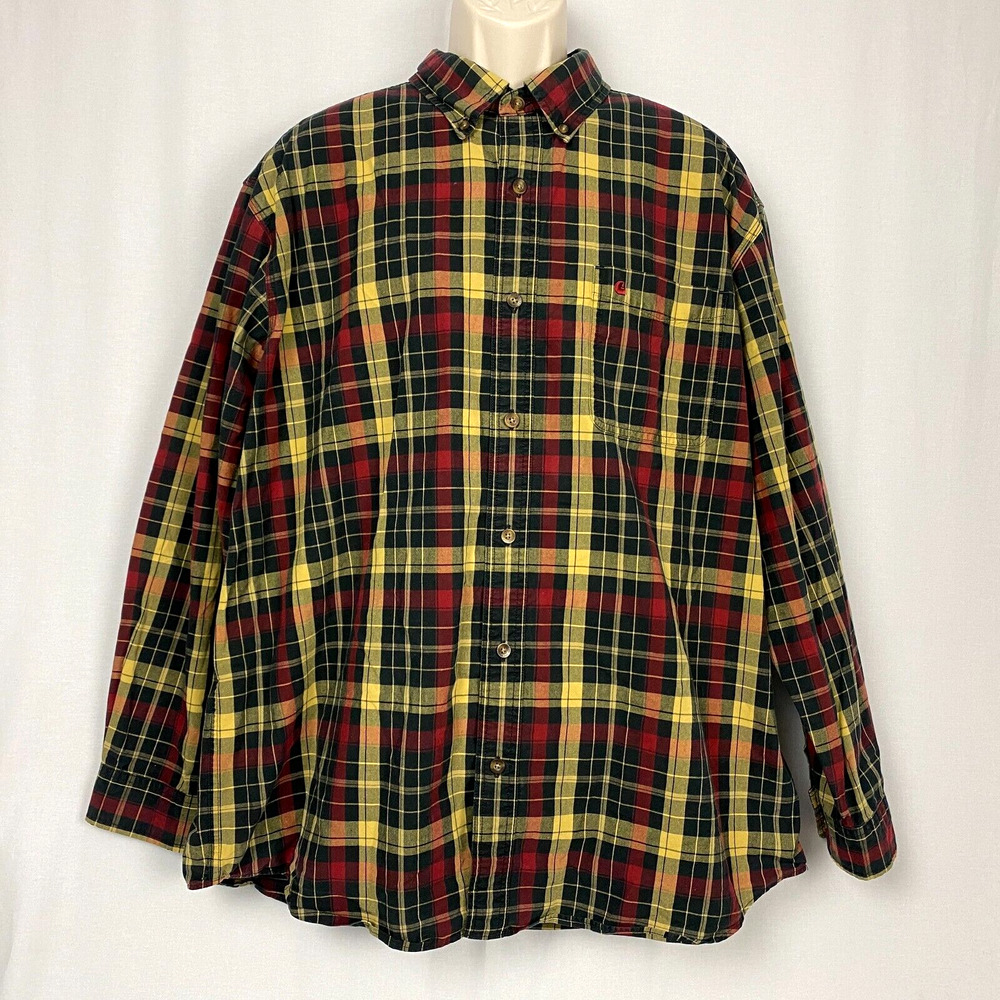 Carhartt Button Up Shirt Mens 2XL Plaid Pocket Yellow Black Bellevue 100084